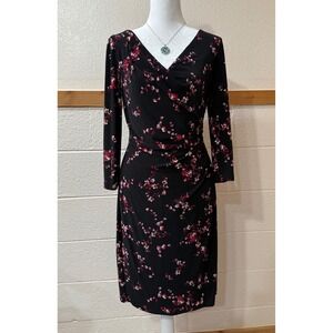 Lauren Ralph Lauren Dress Size 6 Black Floral V Neck 3/4 Sleeve Knee Length Work